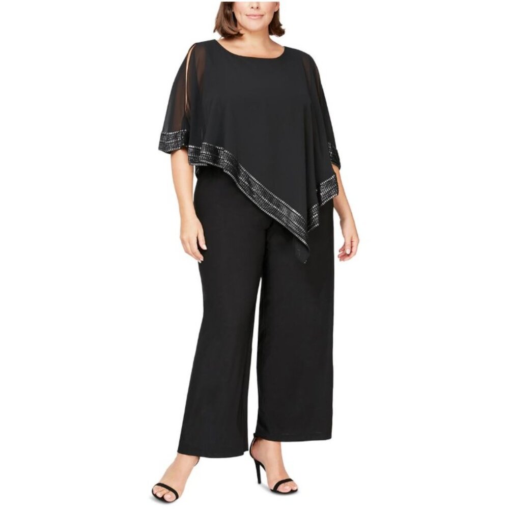 SLNY Black Chiffon Asymmetrical Jumpsuit .  Size 16W